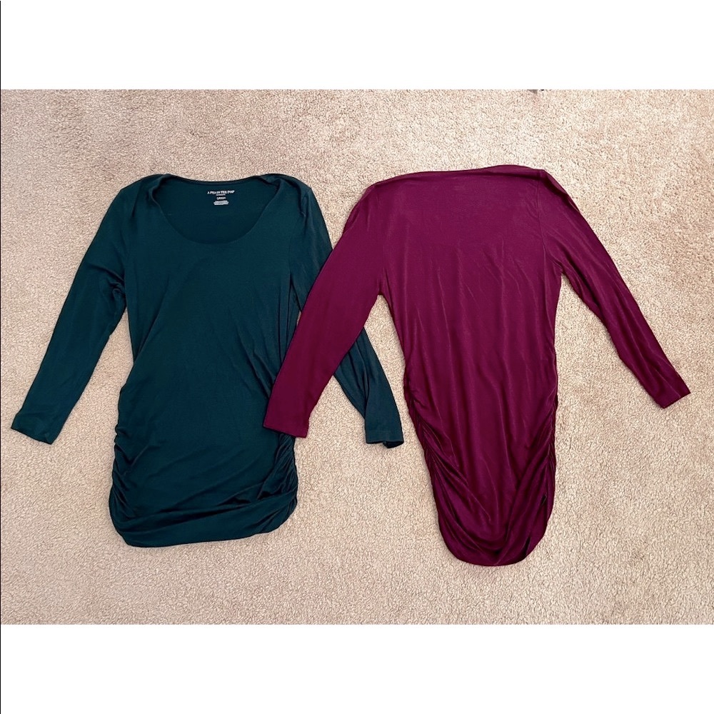 A Pea in the Pod Side Ruched Green and Purple 3/4 Sleeve Shirts